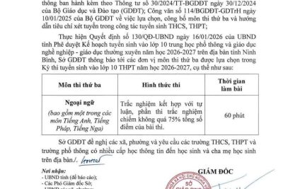 Thông báo Môn thi thứ ba trong kỳ thi vào lớp 10 THPT năm học 2026-2027